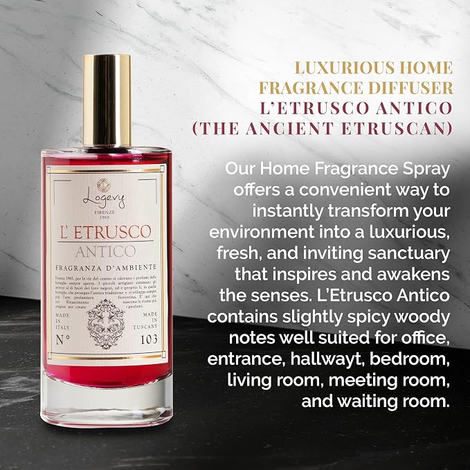Logevy Firenze 1965 L’Etrusco Antico – The Ancient Etruscan Luxury Home Fragrance Spray from Master Perfumer in Italy with Spicy & Woody Notes to Captivate The Senses & Enliven Any Room – 100ml