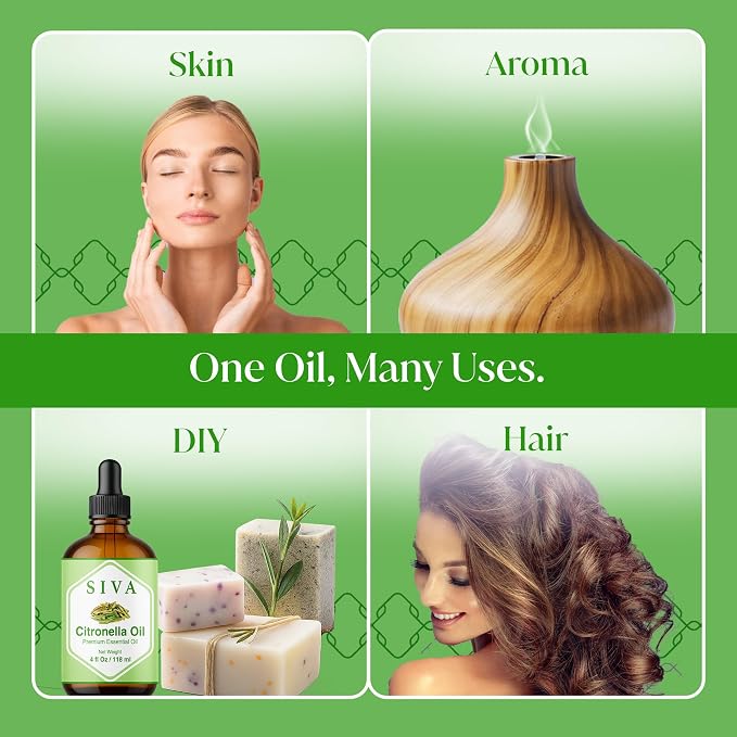 Siva Citronella Essential Oil 4 Fl Oz – for Diffuser, Skin & Hair Care – Ideal for Aromatherapy, Massage & DIY Blends- with Dropper