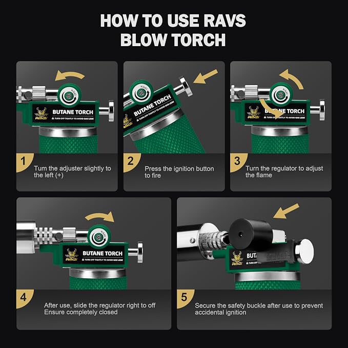 RAVS Butane Torch Lighter, Premium Metal Creme Brulee Torch with Adjustable Flame & Safety Buckle, Cooking Torch for Baking, BBQ, DIY, Green, Butane Gas Not Included