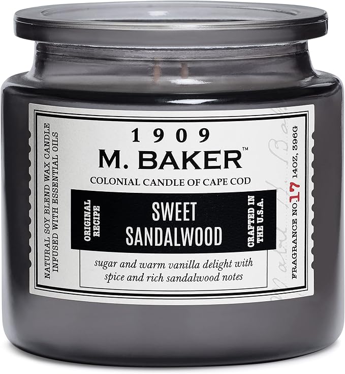 Colonial Candle Sweet Sandalwood Scented Jar Candle | 2-Wick Natural Soy Blend Wax Candle for Home | Relaxing Aromatherapy Candle Infused with Essential Oils | M. Baker Apothecary Glass Jar Candle