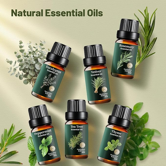 Essential Oils Set 6x10ml, Pure Eucalyptus Peppermint Tea Tree Rosemary Thyme Vetiver – Aromatherapy for Diffuser, Skin, Hair, Candle & Soap Making, Natural Air Purifier & Outdoor Protective Barrier