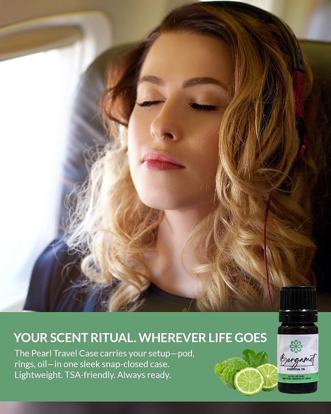 Essence Pearl Travel Case | Bergamot Essential Oil | Aromatherapy Nasal Diffuser & Essential Oil Carrying Case | Refreshing Citrus Scent | Travel-Friendly Kit | Black Pod