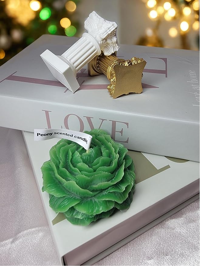 Peony Flower Shaped Candle with Scent, Soy Wax Blend Aromatherapy Candle, Gift Candle, Gifts for Women, Candles for spa, Stress Relief, Meditation, Wedding, Home Decor, Relaxing Atmosphere, (Green)