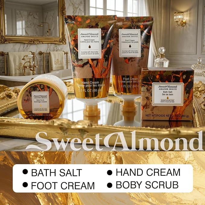 BODY & EARTH # LOVE Hand Cream Gifts Set for Women, 4PCS Almond Spa Gifts with Hand Cream, Foot Cream, Body Scrub, Bath Salt, Shea Butter Bath and Body Gift Sets for Women Birthday Gift for Her