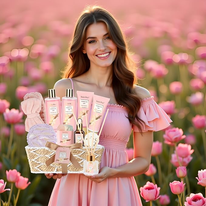 Bath & Body Gift Basket, Self-Care Relaxation Set Vanilla Oat for Women | 16Pcs Pink Gifts Basket for Women Enriched essential oil, Home Spa Body Oil, Diffuser, Shower spa kit Mom Pampering Kit