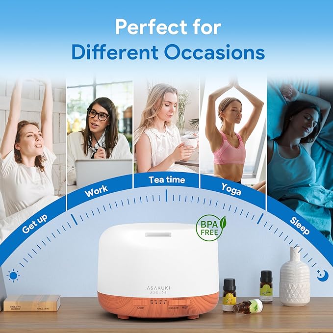 ASAKUKI Essential Oil Diffuser for Home, 500ML Aromatherapy Diffuser Humidifier with Remote Control, 7 Color LED Lights, Quiet Cool Mist Diffuser for Bedroom, Office (Yellow)
