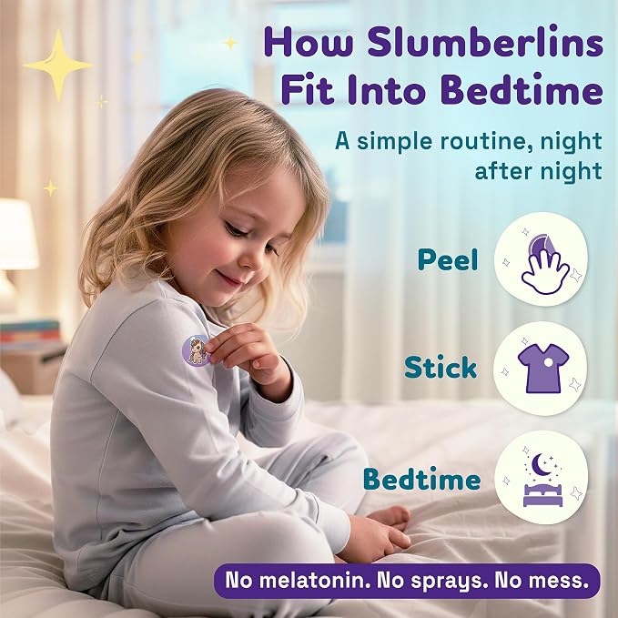 Slumberlins Calming Sleep Patches for Kids & Toddlers - Natural Bedtime Support Stickers with Lavender & Chamomile Essential Oils. Melatonin Free Aromatherapy Sleep Aid, Stick on Clothes, Age 3+, 30Ct