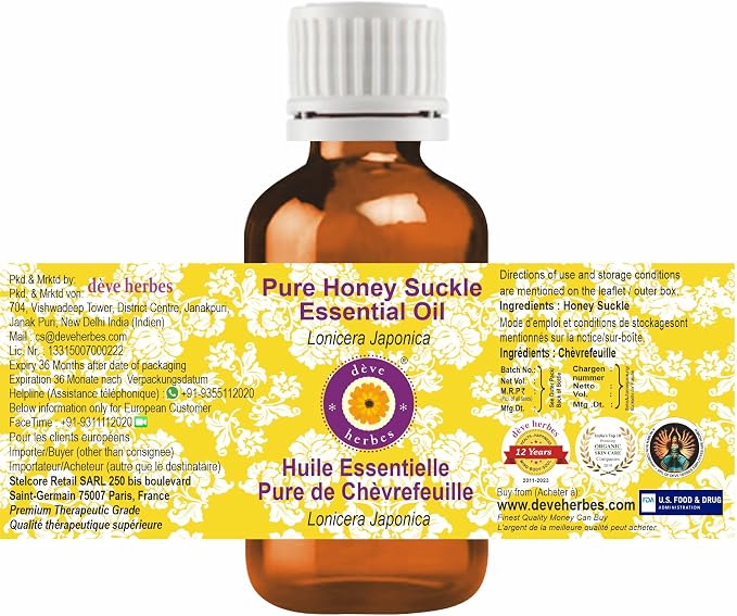 Deve Herbes Pure Honey Suckle Essential Oil (Lonicera Japonica) Steam Distilled 30ml(1oz)