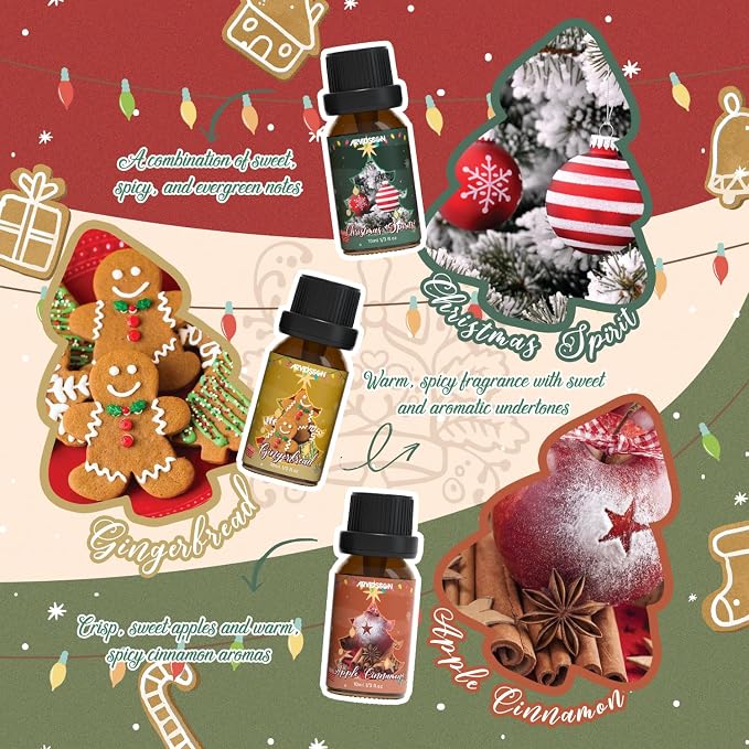 ARVIDSSON Christmas Fragrance Oil Set, Winter Essential Oils for Diffuser, Candle Making - Christmas Spirit, Gingerbread, Apple Cinnamon, Candy Cane, Mistletoe, Holiday Diffuser Oils Gift Set