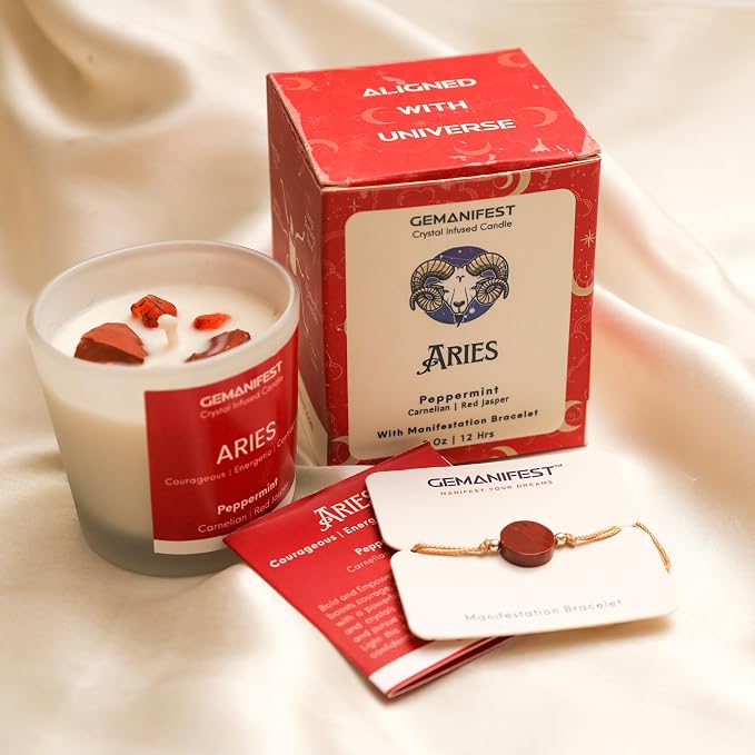 Aries Candle Gifts for Women Men Zodiac Crystal Candles with Aries Zodiac Bracelet for Manifestation Best Thoughtful Gifts for Christmas New Year Birthday Presents for Candle Lovers