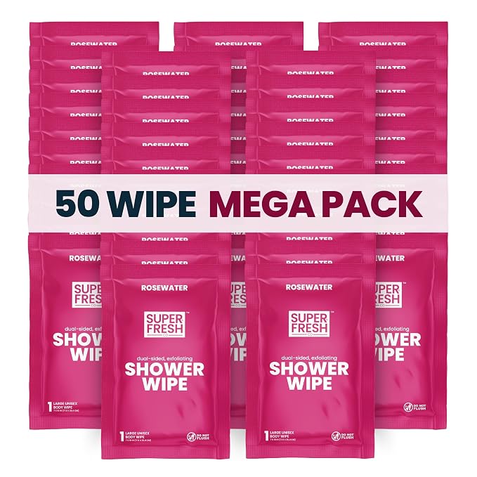 Super Fresh Shower Wipes Large Rosewater Body Wipes for No Rinse Bathing Personal Hygiene Gym Travel or Camping Enriched with Aloe and Vitamin E 50 Individually Wrapped Disposable Sheets