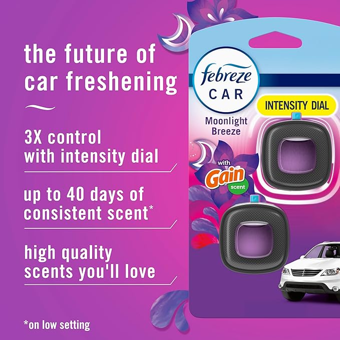 Febreze Car Air Freshener Vent Clip Gain Moonlight Breeze Scent, .07 oz. Car Vent Clip, Pack of 3 and Stay-Fresh Storage Case