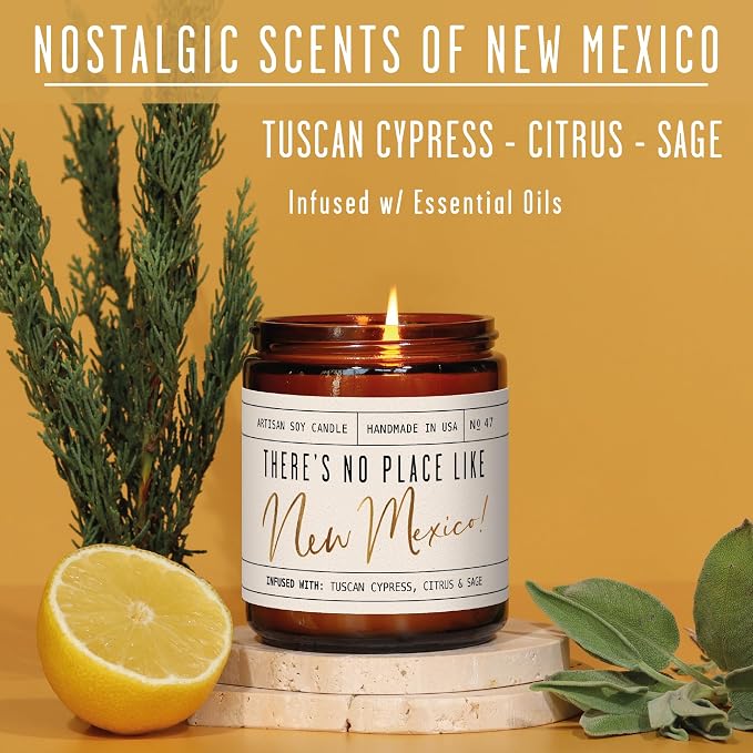 New Mexico Gifts, New Mexico Decor for Home - 'There's No Place Like New Mexico Candle, w/Tuscan Cypress, Citrus & Sage I New Mexico Souvenirs I New Mexico State Gifts I 9oz Jar, 50Hr Burn, USA Made