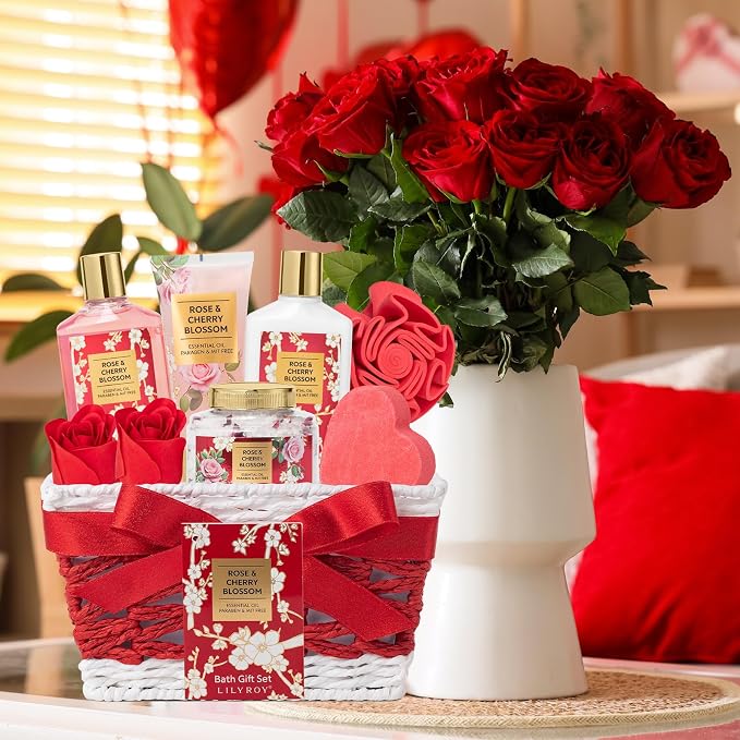 Gifts for Women, Birthday Gift Basket - 9 Pcs Rose Bath and Body Gift Basket Set, Spa Gift Set with Shower Gel | Pampering Spa Gift for Christmas, Valentines Day, Mothers Day Gift Sets for Mom