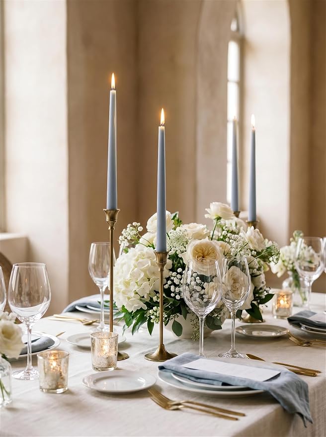 10" Classic Taper Candles, Dusty Blue, 4-Pack, 7-8 Hours Long Burning, Unscented Tall Candlesticks