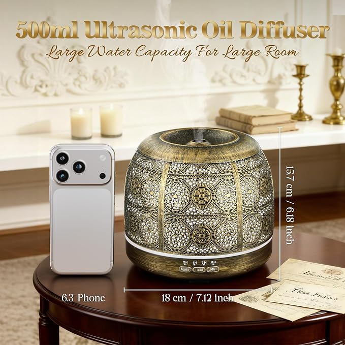 ARVIDSSON Essential Oil Diffuser 500ml, Aromatherapy Diffuser for Home, Ultrasonic Diffusers for Essential Oils, Metal Oil Diffuser with 7 Color LED Lights, Mist Timer and Auto Shut-Off Function