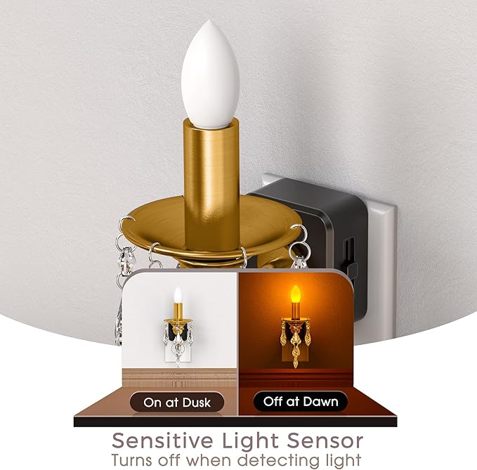 Candle Night Lights Plug into Wall, LED Amber Night Light with Dusk to Dawn Sensor, 0-100LM Dimmable, Decorative Gold Candle-Style Nightlight for Bedroom, Bathroom, Hallway, Stairway, 2 Pack