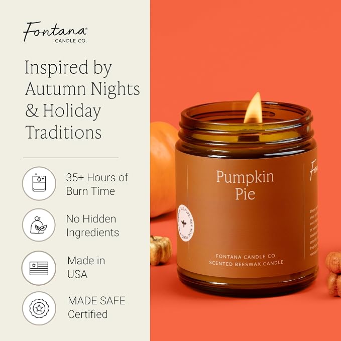 Fontana Candle Co Wood Wick Beeswax Jar Candle, Pumpkin Pie – Made Safe with Coconut Oil & Pure Essential Oils – 35+ Hrs Clean Burn, Long Lasting and Non-Toxic Candles for Home & Room Decor