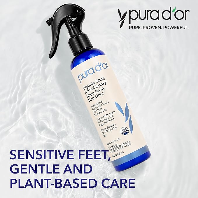 PURA D'OR Organic Shoe & Foot Odor Eliminator Spray (8oz) Deodorizes & Removes Bad Smells with Eucalyptus, Peppermint, Tea Tree, Lemongrass Essential Oil, Maximum Strength (Packaging may vary)