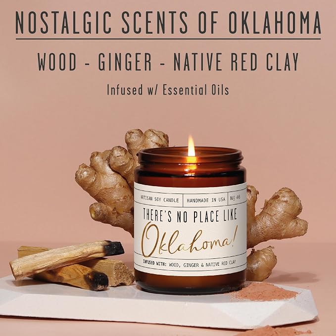 Oklahoma Gifts, Oklahoma Decor for Home - 'There's No Place Like Oklahoma Candle, w/Wood, Ginger & Native Red Clay I Oklahoma Souvenirs I Oklahoma State Gifts I 9oz Jar, 50Hr Burn, USA Made