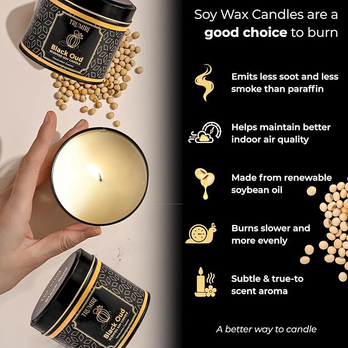 Black Oud Candle Highly Scented Soy Candel Natural Non Toxic Velas Aromáticas Gift for Men 5Oz Decorative Tin Jars with Lids Pack of 3
