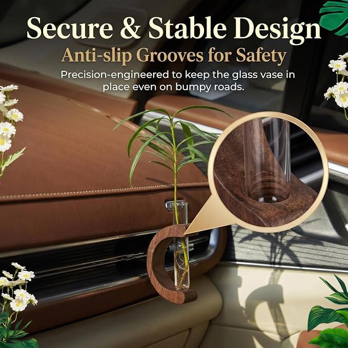 Car Vent Clip Bud Vase, Car Air Vent Propagation Vase Diffuser, Glass Tube Plants Ornamental Decoration, Universal for Horizontal, Vertical, Angled Outlets (C-Shaped Walnut)