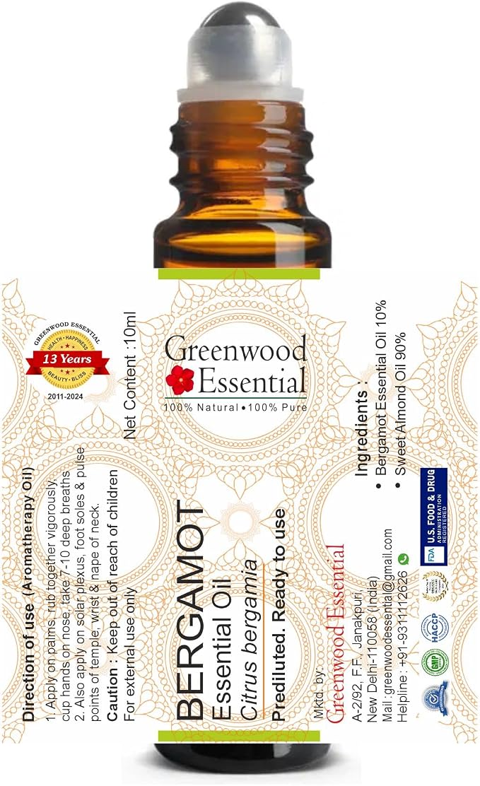 Greenwood Essential Bergamot Essential Oil (Citrus bergamia) Pre Diluted Ready to Use Roll-on Blend for Aromatherapy and Topical Skin Application for Kids and Adults 10ml (0.33 oz)