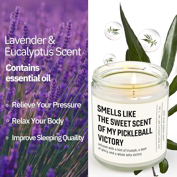 Shqiueos Funny Pickleball Gifts for Women - Smells Like Pickleball Victory Candle 7oz Lavender Scented, Gifts for Pickleball Lovers Players, Pickleball Tournament or Birthday Gift