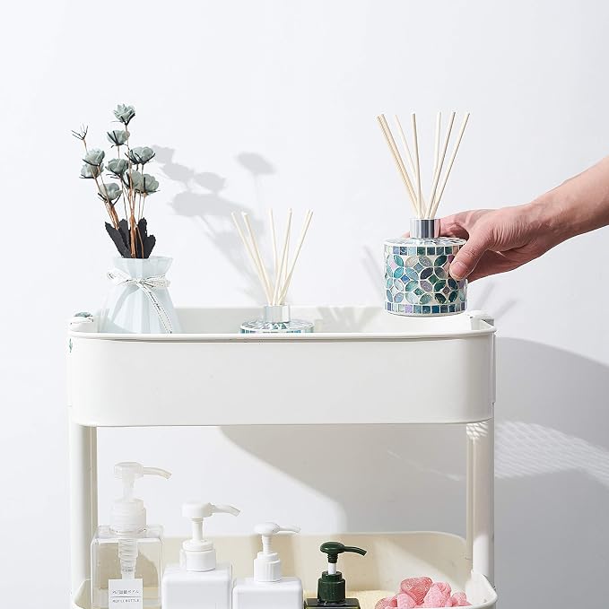 7.3oz Decorative Vertical Mosaic Glass Reed Diffuser Bottle Set with Silver Caps & 16pcs Natural Feed Sticks-Set of 2 - Ideal for Home Fragrance, Bathroom Decoration, Accent (Blue)