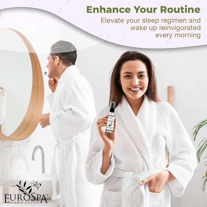 EuroSpa Aromatics Lavender-Infused Pure Eucalyptus Oil Pillow Mist Sleep Spray - Deep Sleep Pillow Spray - Lavender Bed Spray - Lavender Spray Sleep Mist - Lavender Linen Spray for Bedding - 2oz