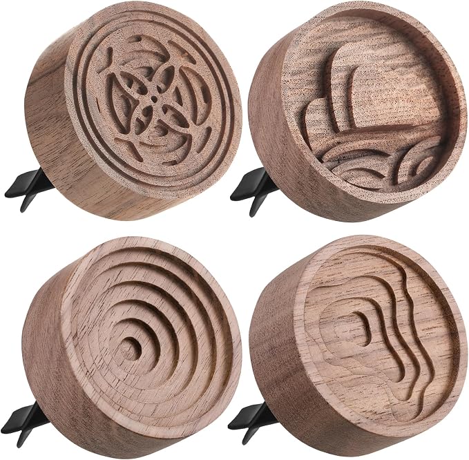 Teenyyou 4 Pcs Wooden Essential Oil Diffuser Car Aromatherapy Passive Diffuser with Vent Clip Walnut Wood Round Air Freshener Winter Gifts for Home Offices Yoga Rooms Sauna Rooms