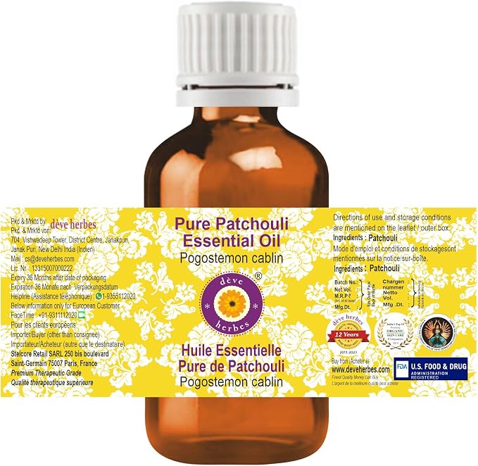 Deve Herbes Pure Patchouli Essential Oil (Pogostemon cablin) Steam Distilled 100ml (3.38 oz)