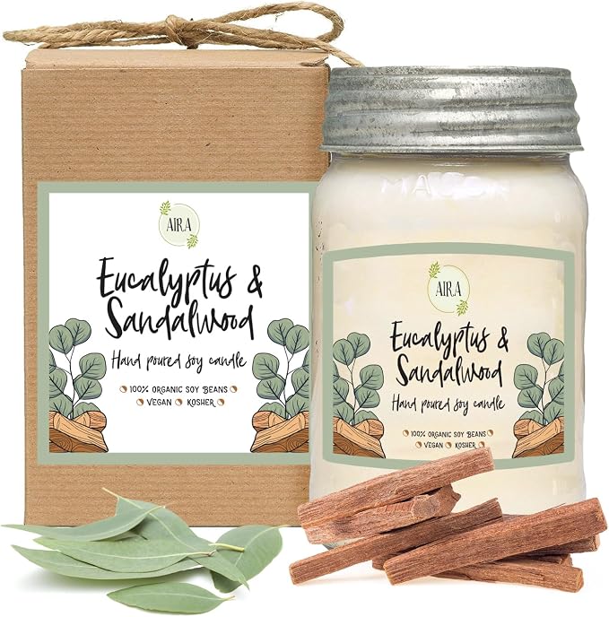 Aira Soy Candles - Organic, Kosher, Vegan, in Mason Jar w/Therapeutic Grade Essential Oil Blends - Hand-Poured 100% Soy Candle Wax - Paraffin Free, Burns 110+ Hours - Eucalyptus & Sandalwood -16 Ounce