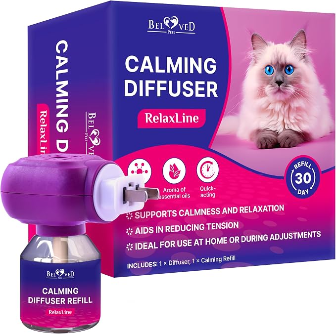 Beloved Pets Cat Calming Diffuser & Pet Anti Anxiety Products - Feline Calm Pheromones Plug in & Cats Stress Relief Comfort Helps with Pee, New Zone, Aggression