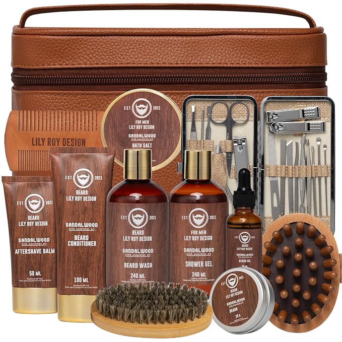 Fathers Day Gifts, Gift for Men, Spa Set for Men - Luxuious 30-Piece Sandalwood Bath & Beard Gift Set, Bath & Body Care Kit for Him | Christmas, Valentines Day, Birthday, Gift for Dad