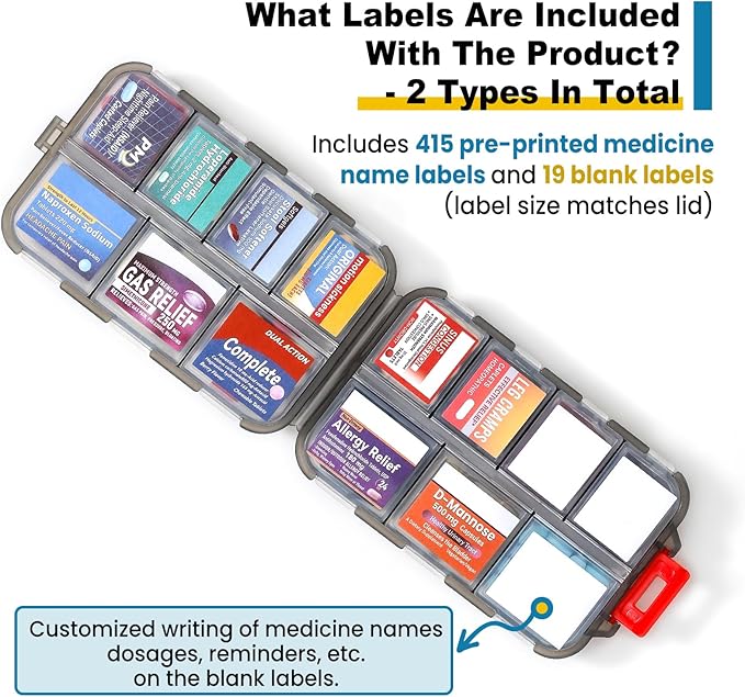 14 Grids Travel Pill Organizer Box with 415-Pcs Medicine Name Labels - Pocket Daily Pharmacy Case Container Kit - Travel Medication Holder Dispenser for Fish Oil Vitamin Supplement Storage -Clear Grey
