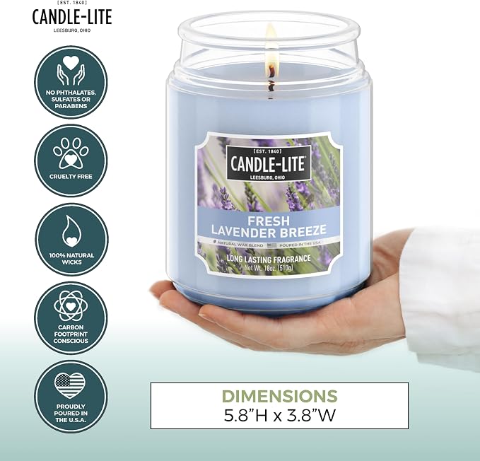 Candle-lite Scented Candles, Fresh Lavender Breeze, 18 oz Jar, Proudly Poured in The USA, Aromatherapy Candle, Single-Wick with 110 Hours of Burn Time, Perfect for Creating a Relaxing Ambiance