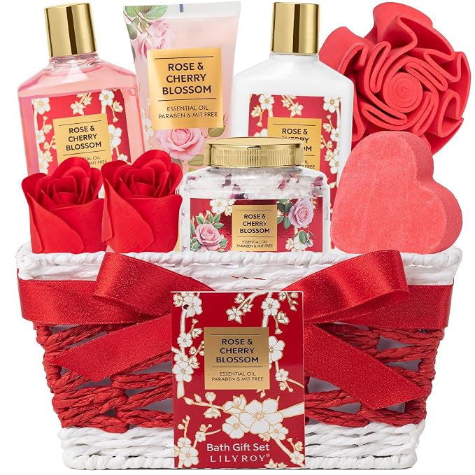 Gifts for Women, Birthday Gift Basket - 9 Pcs Rose Bath and Body Gift Basket Set, Spa Gift Set with Shower Gel | Pampering Spa Gift for Christmas, Valentines Day, Mothers Day Gift Sets for Mom