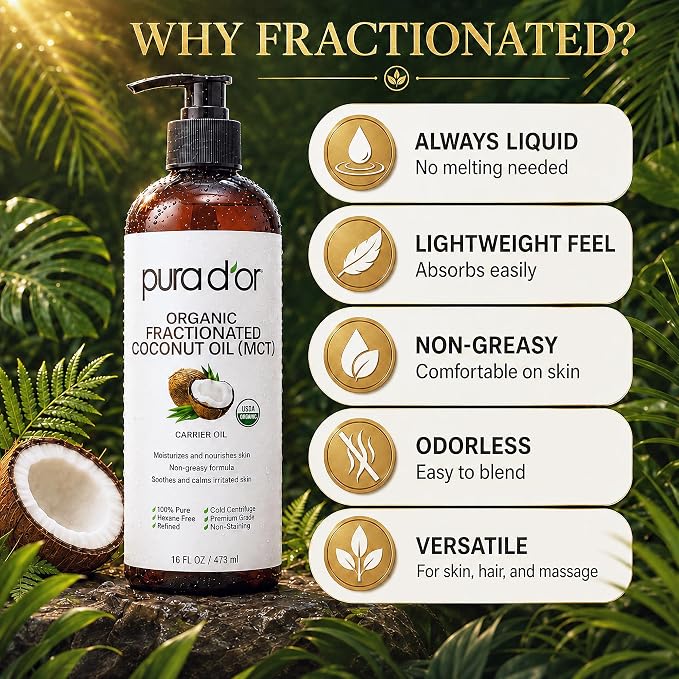 PURA D'OR ORGANIC Fractionated Coconut Oil MCT Oil (16 Oz) 100% Pure & Natural USDA Certified