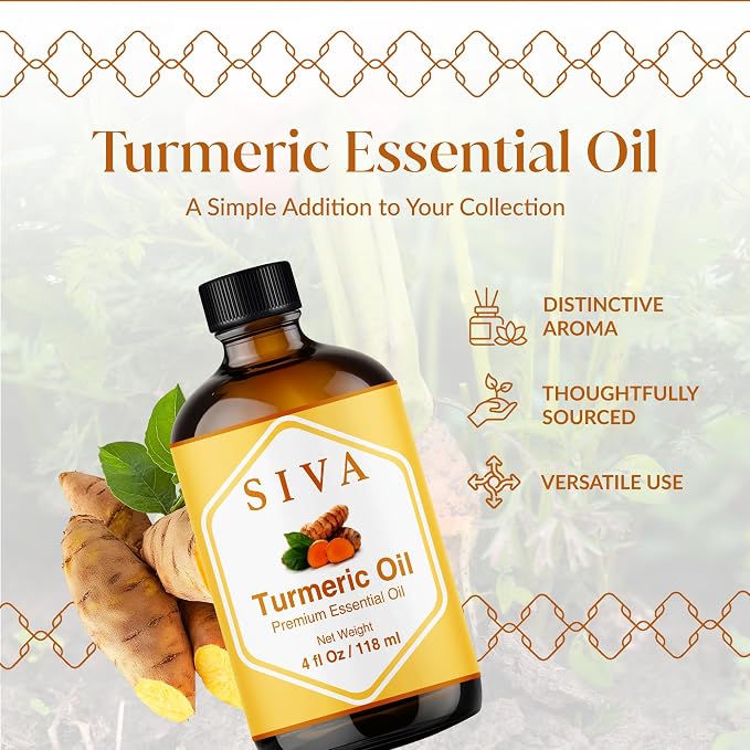 Siva Turmeric Essential Oil 4 Fl Oz – for Diffuser, Skin & Hair Care – Ideal for Aromatherapy, Massage & DIY Blends- with Dropper