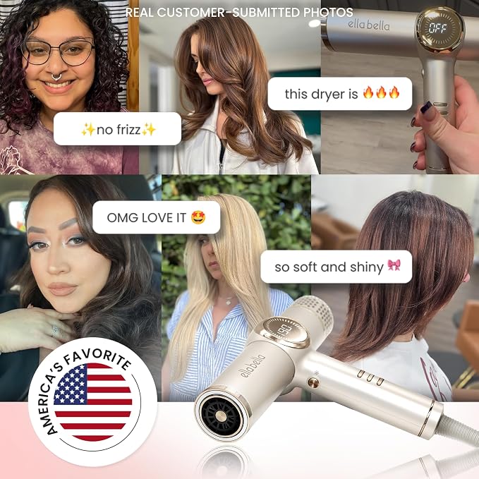 ELLA BELLA® Professional Ionic Hair Dryer with Diffuser • Negative Ion Blow Dryer • Suitable All Hair Types • Intelligent Heat Control & Rapid Drying Speeds • Lightweight Design • Low Noise Technology