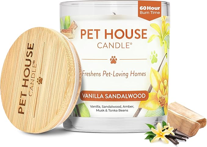 One Fur All Pet House Candle Plant-Based/Soy - Clean Burning Scented, Long Lasting Pet Odor Candle for Home - Vanilla Sandalwood