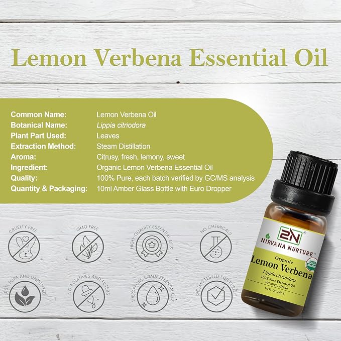 Lemon Verbena Essential Oil, USDA Certified Organic, 100% Pure Undiluted, Aromatherapy Oil for Diffuser, Hair & Skin Care