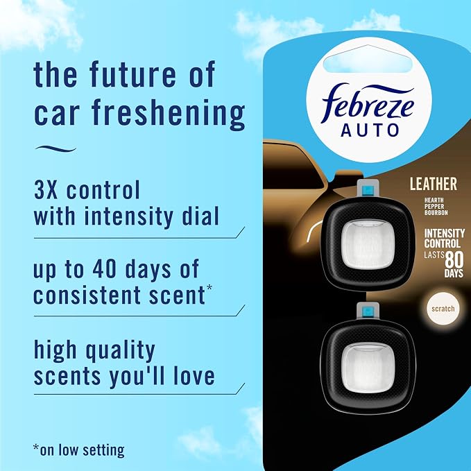 Febreze AUTO Air Freshener, Odor-Fighting Automotive Vent Clip, Scented Car Accessories, Long Lasting for Strong Odors, Leather, 2 Count