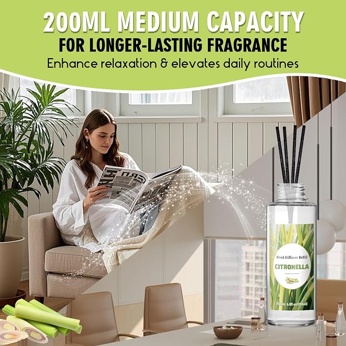 SCENTORINI Reed Diffuser Oil Refill, Citronella Diffuser Oil 6.76 Fl Oz, Lemongrass Scented Essential Oil Refill for Summer Home Fragrance for Room Spa Bathroom Hotel Decor, Patio, Outdoor