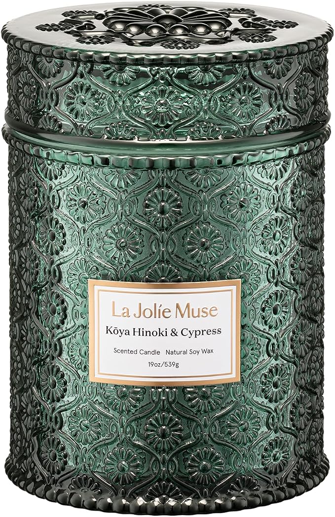 LA JOLIE MUSE Hinoki & Cypress Scented Candle for Home | Pine & Cedarwood | Christmas Winter Holiday | 19 oz Non Toxic Natural Soy | Large Green Jar Candle | Luxury Gifts for Women & Men | Wood Wick