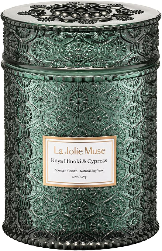 LA JOLIE MUSE Hinoki & Cypress Scented Candle for Home | Pine & Cedarwood | Christmas Winter Holiday | 19 oz Non Toxic Natural Soy | Large Green Jar Candle | Luxury Gifts for Women & Men | Wood Wick