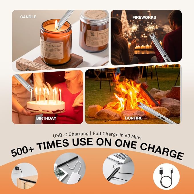 3 Pack Electric Candle Lighter Long Stem,Rechargeable Plasma Arc | USB-C Charging,Flameless Windproof with Safety Lock for Candles, Gas Stoves,Firestarter, Gift Set (Black, Rose Gold, Chrome)