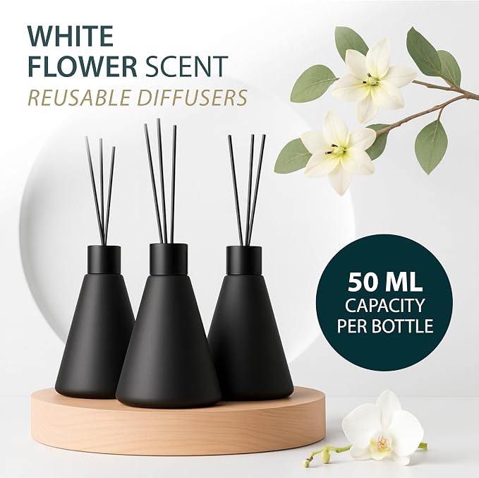 Mega Handles Reed Diffuser Sets (50ml) - 3 Pack White Flower Scent Bathroom Diffuser, Elegant Reed Diffuser for Shelf Decor, Decorative Air Freshener for Large Rooms - Matte Black