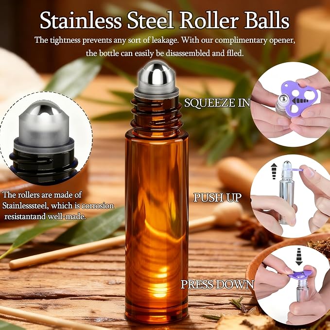 PrettyCare 12-Pack Roller Ball Applicator- Amber Glass Roller Bottles for Essential Oil with Stainless Steel Roller Ball - 10 ml Refillable Leak-proof Empty Roll on Bottles with Caps for Perfume